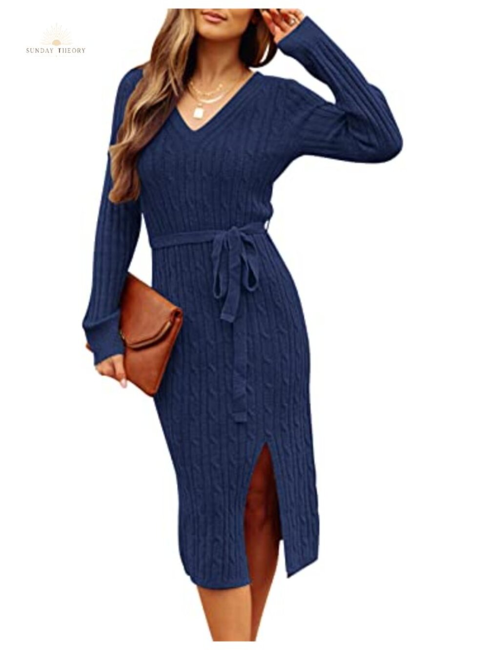 Womens Midi Sweater Dress Long Sleeve V Neck Cable Knit Belted